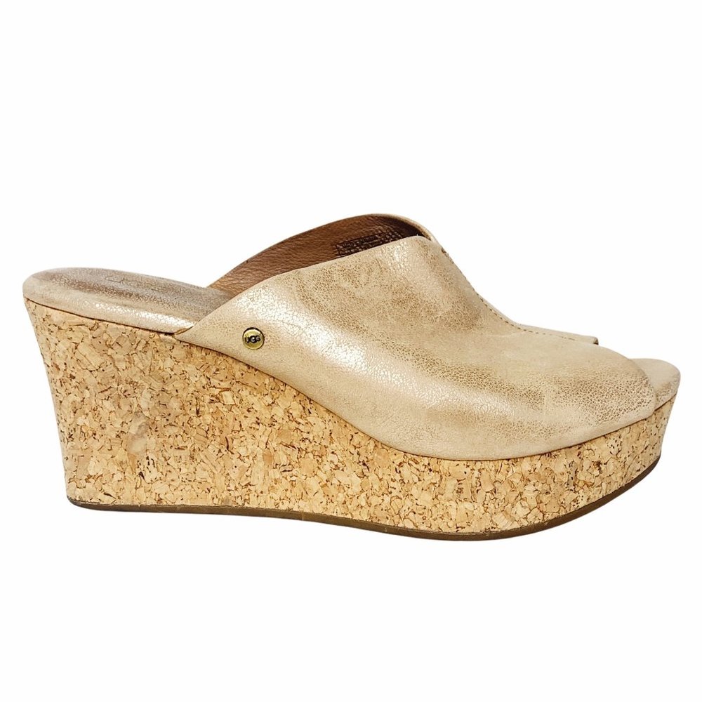 UGG Metallic Gold Cork Wedge Sandals Heel Peep Toe Women's Size 6 - Picture 1 of 11
